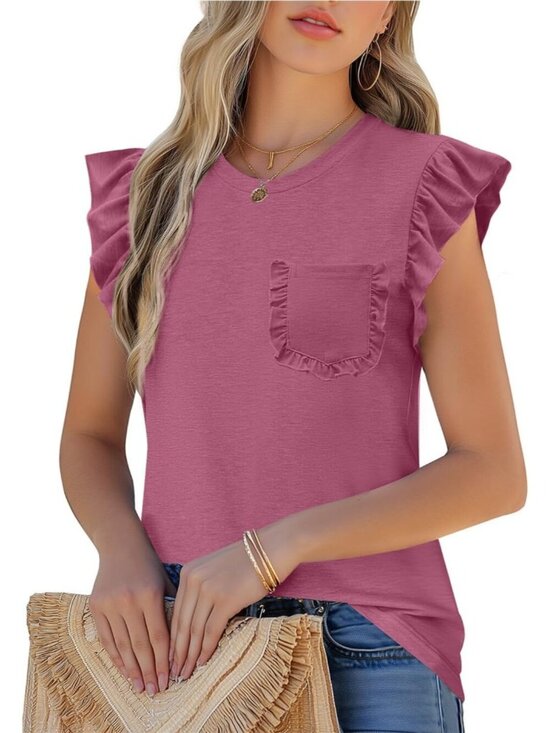 Tops - Women's T-Shirt Red Ruffle Short Sleeve Crew Neck Casual Blouses with Pocket